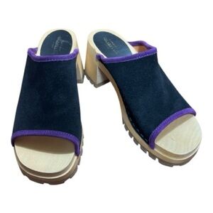 Swedish Hasbeens Sz 8 US (38 EU) Piping Clog Black Suede Purple Piping EUC